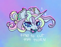 Size: 1010x773 | Tagged: safe, artist:batthsalts, imported from derpibooru, oc, oc only, pony, bust, ear piercing, earring, horn, jewelry, looking at you, open mouth, piercing, sharp teeth, solo, teeth