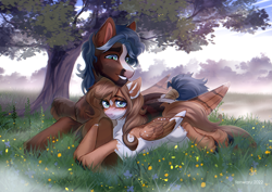 Size: 3507x2480 | Tagged: safe, artist:fenwaru, imported from derpibooru, oc, oc only, oc:hemlock, oc:mabel, pegasus, pony, blaze (coat marking), coat markings, commission, cottagecore, cuddling, cute, duo, duo male and female, ear fluff, eyebrows, eyelashes, facial markings, feathered wings, female, flower, fog, folded wings, grass, grin, high res, hug, lying down, male, mare, meadow, oc x oc, outdoors, pegasus oc, prone, shipping, size difference, sky, smiling, socks (coat markings), stallion, straight, tail, tail wrap, tree, unshorn fetlocks, wings, ych result