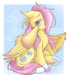 Size: 1200x1374 | Tagged: safe, artist:jeztereddin, imported from derpibooru, fluttershy, pegasus, pony, abstract background, aside glance, chest fluff, colored eyelashes, colored hooves, ear tufts, feather in hair, feathered fetlocks, female, floppy ears, fluffy, hair over one eye, looking at you, mare, partially open wings, sitting, solo, stray strand, three quarter view, wings