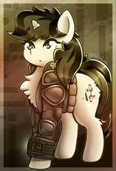 Size: 809x1200 | Tagged: safe, artist:llametsul, imported from derpibooru, oc, oc only, oc:blackjack, pony, unicorn, fallout equestria, fallout equestria: project horizons, atg 2022, butt fluff, chest fluff, clothes, female, jumpsuit, mare, monochrome, newbie artist training grounds, pipbuck, signature, solo, vault security armor, vault suit