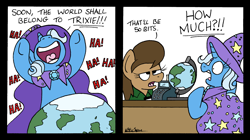 Size: 2340x1312 | Tagged: safe, artist:bobthedalek, imported from derpibooru, trixie, oc, earth pony, pony, unicorn, 2 panel comic, atg 2022, brooch, cape, cash register, cashier, clothes, comic, female, globe, hat, jewelry, laughing, mare, newbie artist training grounds, trixie's brooch, trixie's cape, trixie's hat