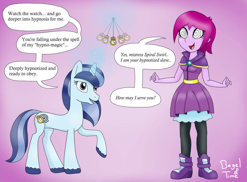 2901001 - safe, fuchsia blush, oc, unicorn, equestria girls, human,  commission, magic, dialogue, telekinesis, levitation, hypnosis, slave,  swirly eyes, hypnotized, pocket watch, pendulum swing, artist:bageloftime,  oc:spiral swirl, hypnotist - Ponerpics