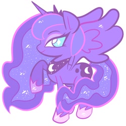 Size: 800x800 | Tagged: safe, artist:frogletcomics, imported from derpibooru, princess luna, alicorn, pony, ethereal mane, female, horn, jewelry, mare, raised hoof, regalia, simple background, solo, spread wings, white background, wings