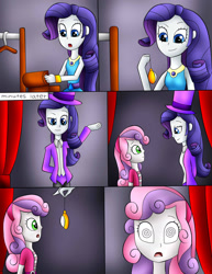 Size: 1280x1654 | Tagged: safe, artist:jerrydestrtoyer, imported from derpibooru, rarity, sweetie belle, human, equestria girls, comic, hypnosis, hypnotist, hypnotized, magician outfit, pendulum swing, pocket watch, swirly eyes