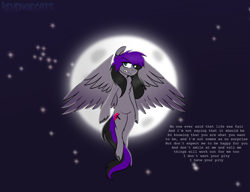 Size: 1901x1461 | Tagged: safe, artist:revenge.cats, imported from derpibooru, oc, oc:drizzling dasher, pegasus, pony, angry, colored wings, emo, flying, gradient wings, lyrics, moon, solo, stars, text, wings