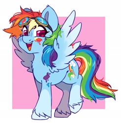 Size: 2283x2322 | Tagged: safe, artist:cheekipone, imported from derpibooru, rainbow dash, pegasus, pony, cute, female, goggles, happy, looking at you, mare, open mouth, paint, smiling, smiling at you, solo, spread wings, unshorn fetlocks, wings