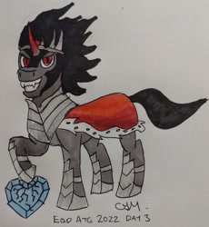 Size: 2771x3015 | Tagged: safe, artist:rapidsnap, imported from derpibooru, king sombra, pony, unicorn, antagonist, atg 2022, cracking, cracks, crystal heart, determined, determined look, evil grin, grin, male, newbie artist training grounds, smiling, traditional art