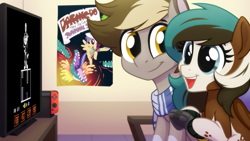 Size: 2560x1440 | Tagged: safe, artist:whitequartztheartist, imported from derpibooru, daring do, oc, pony, clothes, duo, female, male, multicolored hair, nintendo switch, playing video games, poster, scarf, smiling, undertale