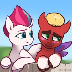 Size: 2048x2048 | Tagged: safe, artist:pfeffaroo, imported from derpibooru, sprout cloverleaf, zipp storm, earth pony, pegasus, pony, adorazipp, blushing, cute, duo, female, fence, g5, grass, hanging, hug, looking away, male, mare, my little pony: a new generation, out of character, shipping, signature, simple background, smug, sproutbetes, stallion, straight, teasing, winghug, wings, zippsprout