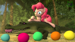 Size: 1920x1080 | Tagged: safe, artist:yrbertthecat, imported from derpibooru, gummy, pinkie pie, alligator, earth pony, 3d, balloon, beach, female, grin, jungle, mare, palm tree, smiling, source filmmaker, tree, watermark