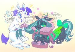 Size: 500x345 | Tagged: safe, artist:fablewave, imported from twibooru, queen chrysalis, rarity, changeling, changeling queen, pony, unicorn, alternate hairstyle, bow, colored hooves, crown, curved horn, female, horn, image, jewelry, lying down, mare, open mouth, png, regalia, short hair, simple background, sitting, speech bubble, talking, tongue out, unshorn fetlocks