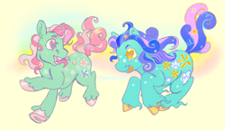 Size: 500x288 | Tagged: safe, artist:fablewave, imported from twibooru, minty, seaflower, earth pony, pony, colored hooves, duo, duo female, female, g3, heart eyes, image, mare, open mouth, png, running, simple background, tongue out, unshorn fetlocks, wingding eyes
