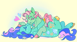 Size: 500x271 | Tagged: safe, artist:fablewave, imported from twibooru, minty, seaflower, earth pony, pony, colored hooves, eyes closed, female, g3, heart, image, kissing, lesbian, lying down, mare, png, shipping, simple background, unshorn fetlocks