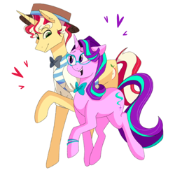 Size: 500x500 | Tagged: safe, artist:agent-sketch-pad, imported from twibooru, flim, starlight glimmer, pony, unicorn, bowtie, bracelet, clothes, couple, female, floating heart, glasses, hat, heart, hipster, image, jewelry, looking at each other, male, mare, open mouth, png, shipping, simple background, smiling, stallion, straight, white background