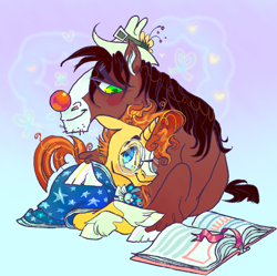 Size: 764x760 | Tagged: safe, artist:fablewave, imported from twibooru, sunburst, trouble shoes, earth pony, pony, unicorn, blaze (coat marking), blushing, book, clothes, clown nose, coat markings, colored hooves, cuddling, ear fluff, facial hair, facial markings, gay, glasses, goatee, gradient background, hat, heart, image, looking at each other, lying down, male, open book, png, robe, shipping, smiling at each other, socks (coat marking), stallion, sunburst's robe, unshorn fetlocks