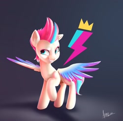 Size: 2048x2008 | Tagged: safe, artist:alfunezart, imported from derpibooru, zipp storm, pegasus, pony, g5, grin, smiling, solo, spread wings, wings