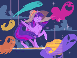 Size: 500x375 | Tagged: safe, artist:agent-sketch-pad, imported from twibooru, twilight sparkle, alicorn, ghost, pony, undead, broom, cloud, colored hooves, female, flying, flying broomstick, hat, image, looking at you, mare, night, night sky, png, sky, smiling, solo, standing, twilight sparkle (alicorn), witch hat