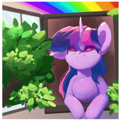 Size: 1899x1899 | Tagged: safe, artist:rainsketch, imported from derpibooru, twilight sparkle, pony, bust, female, mare, one ear down, rainbow, solo, window