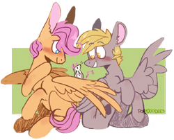 Size: 1280x1032 | Tagged: safe, artist:ponydoodles, imported from twibooru, derpy hooves, fluttershy, pegasus, pony, rat, animal, blushing, butterscotch, colored ears, couple, derpyshy, dopey hooves, duo, female, gay, green background, image, lesbian, male, png, rule 63, shipping, simple background, sitting, smiling, stallion, transparent background, wings