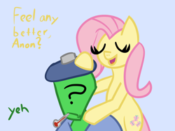 Size: 1600x1200 | Tagged: safe, artist:wormperson, fluttershy, human, pegasus, pony, anonymous, female, ice pack, mare, sick, thermometer