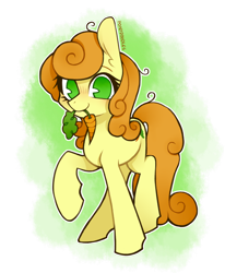 Size: 1000x1212 | Tagged: safe, artist:occultusion, imported from twibooru, carrot top, golden harvest, earth pony, pony, carrot, female, food, green eyes, image, looking at you, mare, mouth hold, png, raised hoof, simple background, solo, standing, transparent background