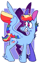 Size: 524x810 | Tagged: safe, artist:ponydoodles, edit, imported from twibooru, rainbow dash, pegasus, pony, alternate hairstyle, colored ears, colored wings, feathered fetlocks, female, image, mare, multicolored wings, png, rainbow wings, short hair, simple background, smiling, solo, white background, wings