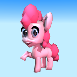 Size: 720x720 | Tagged: safe, artist:nyanakaru, imported from ponybooru, pinkie pie, earth pony, pony, 1999, 3d, big eyes, blue background, chibi, creepy, female, looking at you, low poly, nostalgia, open mouth, pink mane, raised hoof, simple background, solo, solo female