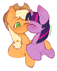 Size: 900x1117 | Tagged: safe, artist:occultusion, edit, imported from twibooru, applejack, twilight sparkle, alicorn, earth pony, pony, applejack's hat, blushing, boop, closed wing, couple, cowboy hat, eyes closed, female, freckles, green eyes, hat, heart eyes, image, lesbian, mare, noseboop, one eye closed, png, shipping, simple background, twijack, white background, wingding eyes