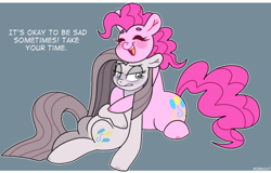 Size: 500x320 | Tagged: safe, artist:1racat, imported from twibooru, pinkie pie, earth pony, pony, duo, duo female, eyes closed, female, frown, hug, image, mare, open mouth, pinkamena diane pie, png, positive ponies, self paradox, sitting, smiling, solo, talking