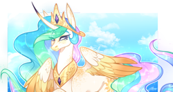 Size: 500x265 | Tagged: safe, artist:sylvanaurora, imported from twibooru, princess celestia, alicorn, pony, alternate design, colored wings, crown, curved horn, ethereal mane, eyebrows visible through hair, female, freckles, horn, image, jewelry, mare, png, regalia, sky background, solo, wings