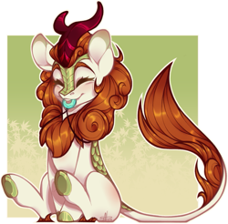 Size: 947x931 | Tagged: safe, artist:sylvanaurora, imported from twibooru, autumn blaze, kirin, colored eartips, eyes closed, female, green background, happy, image, jewelry, leonine tail, mouth hold, necklace, png, simple background, sitting, solo, underhoof, white outline