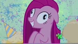 Size: 640x360 | Tagged: safe, imported from derpibooru, screencap, pinkie pie, party of one, creepy, creepy smile, discovery kids logo, pinkamena diane pie, smiling