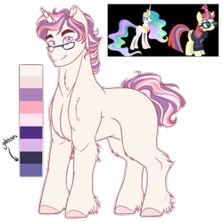 Size: 1205x1200 | Tagged: safe, artist:purplegrim40, imported from derpibooru, moondancer, princess celestia, alicorn, pony, unicorn, clothes, colored hooves, female, glasses, jewelry, magical lesbian spawn, male, mare, offspring, parent:moondancer, parent:princess celestia, peytral, simple background, stallion, tiara, transparent background
