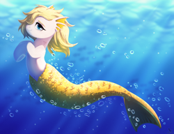 Size: 2000x1534 | Tagged: safe, alternate version, artist:dinoalpaka, imported from derpibooru, oc, oc only, oc:salmonia, fish, merpony, blue eyes, bubble, crepuscular rays, eyebrows, eyelashes, female, fish tail, flowing mane, flowing tail, gills, high res, looking at you, mare, mermaid tail, ocean, smiling, smiling at you, solo, sunlight, swimming, tail, underhoof, underwater, water, yellow mane