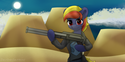 Size: 4096x2048 | Tagged: safe, artist:darbedarmoc, imported from derpibooru, oc, oc only, pegasus, pony, cloud, desert, eyelashes, gun, parody, postal, red eyes, sky, solo, sun, weapon, wild west