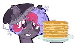 Size: 2620x1533 | Tagged: safe, artist:toffeelavender, imported from derpibooru, oc, oc only, earth pony, pony, base used, beanie, bust, female, food, grin, hat, hoof hold, mare, pancakes, plate, simple background, smiling, solo, transparent background