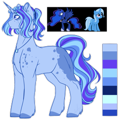 Size: 1185x1175 | Tagged: safe, artist:purplegrim40, imported from derpibooru, princess luna, trixie, oc, alicorn, pony, unicorn, female, hoof shoes, horn, jewelry, magical lesbian spawn, mare, necklace, offspring, parent:princess luna, parent:trixie, parents:luxie, peytral, simple background, tiara, transparent background, unicorn oc