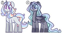 Size: 2325x1233 | Tagged: safe, artist:purplegrim40, imported from derpibooru, oc, oc only, pegasus, pony, unicorn, coat markings, colored wings, duo, eye clipping through hair, female, horn, mare, multicolored hair, pegasus oc, rainbow hair, simple background, smiling, socks (coat markings), transparent background, two toned wings, unicorn oc, wings