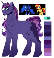 Size: 1107x1200 | Tagged: safe, artist:purplegrim40, imported from derpibooru, princess luna, sunset shimmer, oc, alicorn, pony, unicorn, female, hoof shoes, horn, magical lesbian spawn, male, mare, offspring, parent:princess luna, parent:sunset shimmer, parents:lunashimmer, peytral, raised hoof, simple background, stallion, transparent background, unicorn oc