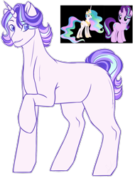 Size: 903x1188 | Tagged: safe, artist:purplegrim40, imported from derpibooru, princess celestia, starlight glimmer, oc, oc only, pony, unicorn, horn, magical lesbian spawn, male, offspring, parent:princess celestia, parent:starlight glimmer, parents:starlestia, raised hoof, simple background, stallion, transparent background, unicorn oc