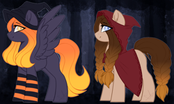 Size: 2000x1200 | Tagged: safe, artist:purplegrim40, imported from derpibooru, oc, oc only, earth pony, pegasus, pony, cloak, clothes, duo, earth pony oc, hat, pegasus oc, smiling, socks, striped socks, wings, witch hat