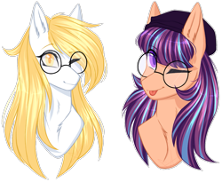 Size: 1247x1025 | Tagged: safe, artist:purplegrim40, imported from derpibooru, oc, oc only, earth pony, pony, :p, beret, bust, duo, earth pony oc, female, glasses, hat, mare, one eye closed, simple background, tongue out, transparent background, wink