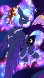 Size: 511x891 | Tagged: safe, artist:shad0w-galaxy, imported from derpibooru, princess luna, twilight sparkle, alicorn, pony, clothes, colored wings, cropped, crown, ethereal mane, flying, jewelry, multicolored wings, necklace, regalia, shoes, simple background, solo, starry mane, twilight sparkle (alicorn), unfinished art, wings, wip