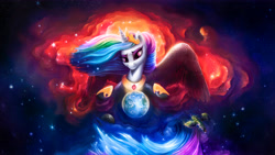 Size: 7096x3992 | Tagged: safe, artist:stdeadra, imported from derpibooru, princess celestia, alicorn, pony, earth, giantlestia, macro, macrophilia, magic, moon, smiling, smirk, solo, space, sparkles, stars, stellaris, tail