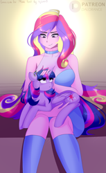 Size: 1779x2916 | Tagged: safe, artist:xjenn9, imported from derpibooru, princess cadance, twilight sparkle, alicorn, pony, equestria girls, breasts, choker, clothes, commission, cross-popping veins, dean cadance, female, holding a pony, horn, looking at each other, looking at someone, mare, see-through, smol, socks, thigh highs, twilight sparkle (alicorn), wings