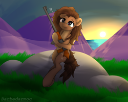 Size: 2560x2048 | Tagged: safe, artist:darbedarmoc, imported from derpibooru, oc, oc:jennifer jones stars, pony, grass, mountain, ocean, rock, scar, sitting, solo, sunset, thinking, water, weapon