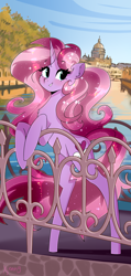 Size: 1424x3000 | Tagged: safe, alternate version, artist:xjenn9, imported from derpibooru, oc, oc only, oc:dalorance, pony, unicorn, bipedal, female, fence, happy, horn, leaning, mare, shiny mane, solo, standing on two hooves, sunny, unicorn oc