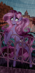 Size: 1424x3000 | Tagged: safe, alternate version, artist:xjenn9, imported from derpibooru, oc, oc only, oc:dalorance, pony, unicorn, :o, bipedal, female, fence, horn, mare, open mouth, rain, shocked, shocked expression, solo, unicorn oc