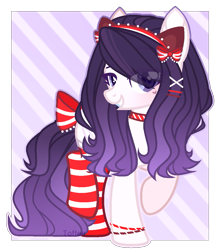 Size: 967x1095 | Tagged: safe, artist:toffeelavender, imported from derpibooru, oc, oc only, earth pony, pony, bow, choker, clothes, earth pony oc, eye clipping through hair, female, grin, mare, raised hoof, simple background, smiling, socks, solo, striped socks, tail, tail bow, transparent background