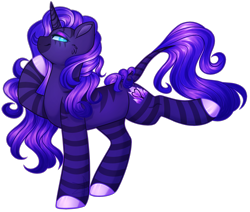 Size: 2147x1822 | Tagged: safe, artist:purplegrim40, imported from derpibooru, oc, oc only, pony, unicorn, zebra, zebracorn, cheek fluff, colored hooves, colored pinnae, commission, hoof polish, horn, leonine tail, raised hoof, simple background, smiling, solo, standing on two hooves, stripes, tail, transparent background, unicorn oc, ych result